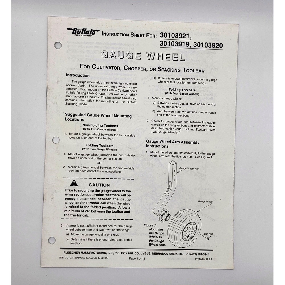 Buffalo, Fleischer Mfg. 30103921, 30103919, 30103920 Gauge Wheel‎ Instructions